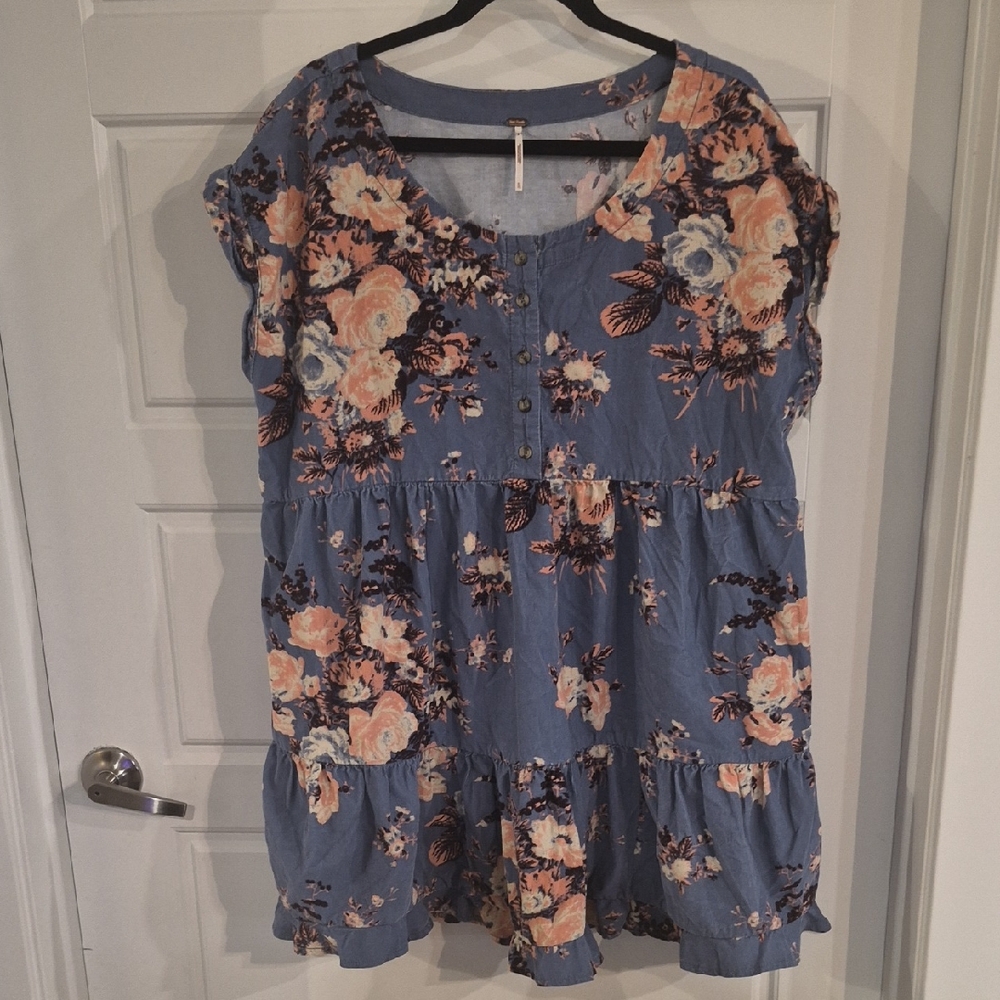 Free People Dusty Blue Floral Tiered Dress